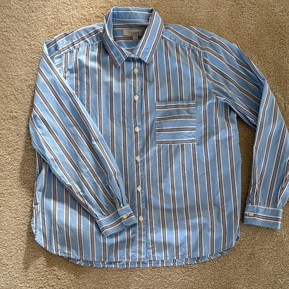 LOFT Blue and White Striped Button-Down Shirt